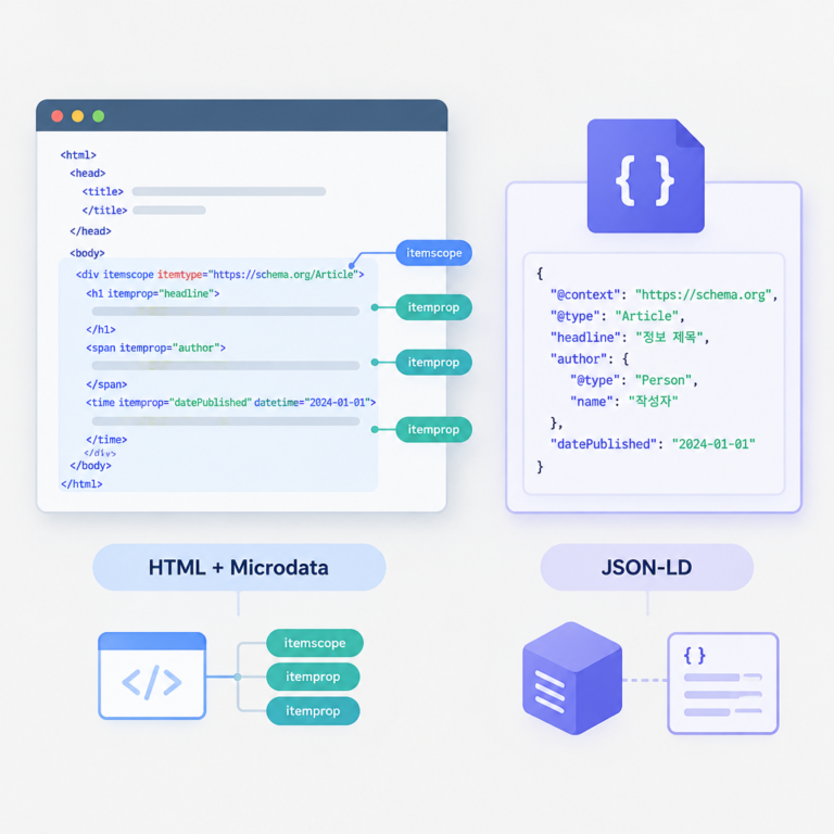 AI 생성 설명 이미지: AEO 세팅해주는곳 AI SGAEO | JSON-LD와 마이크로데이터 표현 방식 구별하기
