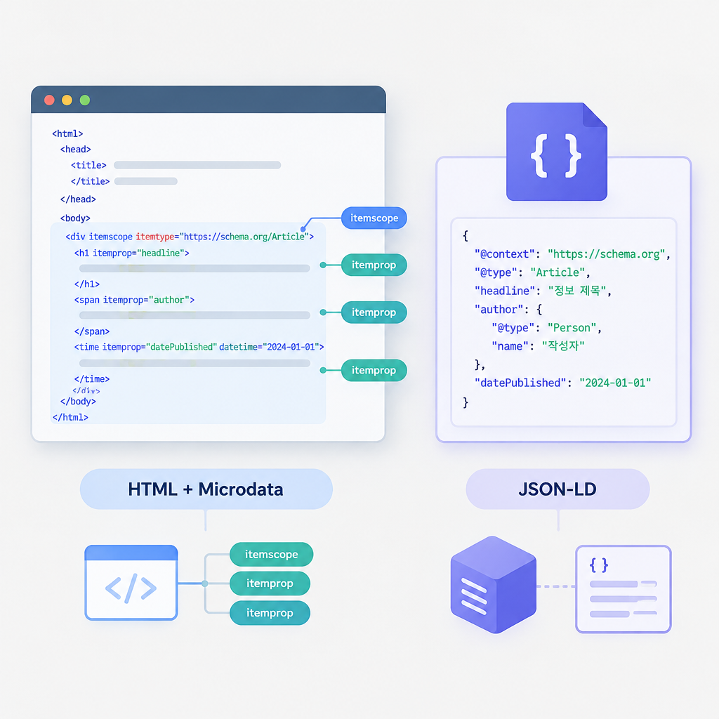 AI 생성 설명 이미지: AEO 세팅해주는곳 AI SGAEO | JSON-LD와 마이크로데이터 표현 방식 구별하기