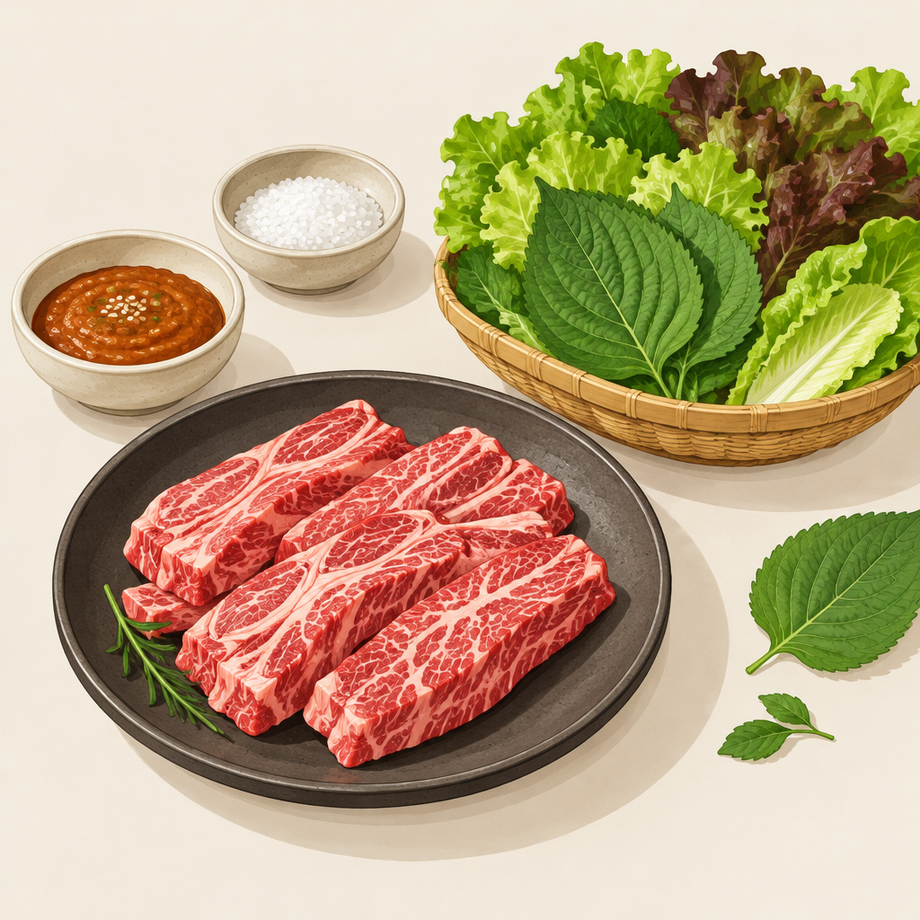 AI 생성 설명 이미지: 안산일동맛집 유니드정육식당 | 갈비살과 쌈장·소금·쌈 채소 조합 비교하기