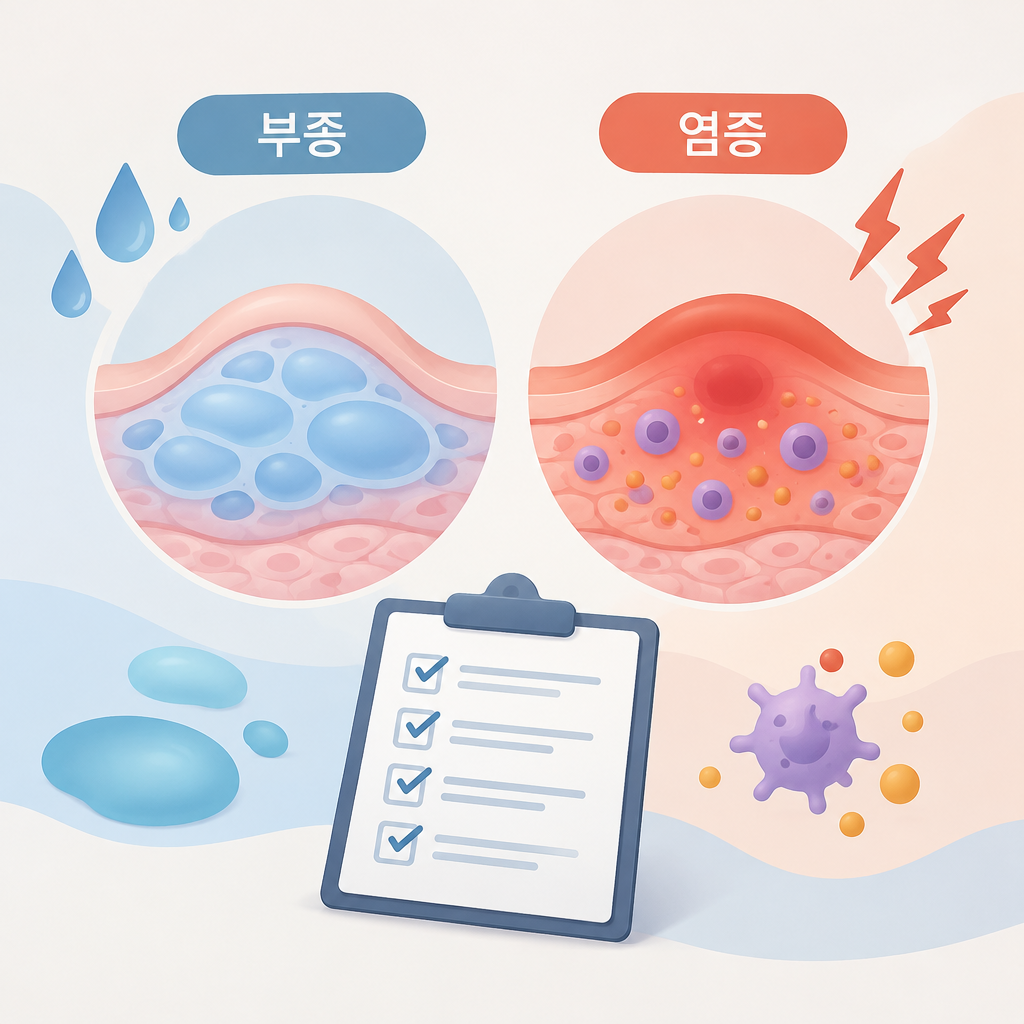 AI 생성 설명 이미지: 서초 한방병원 장덕 한방병원 | 통증 설명에서 부종과 염증을 구별하는 체크리스트